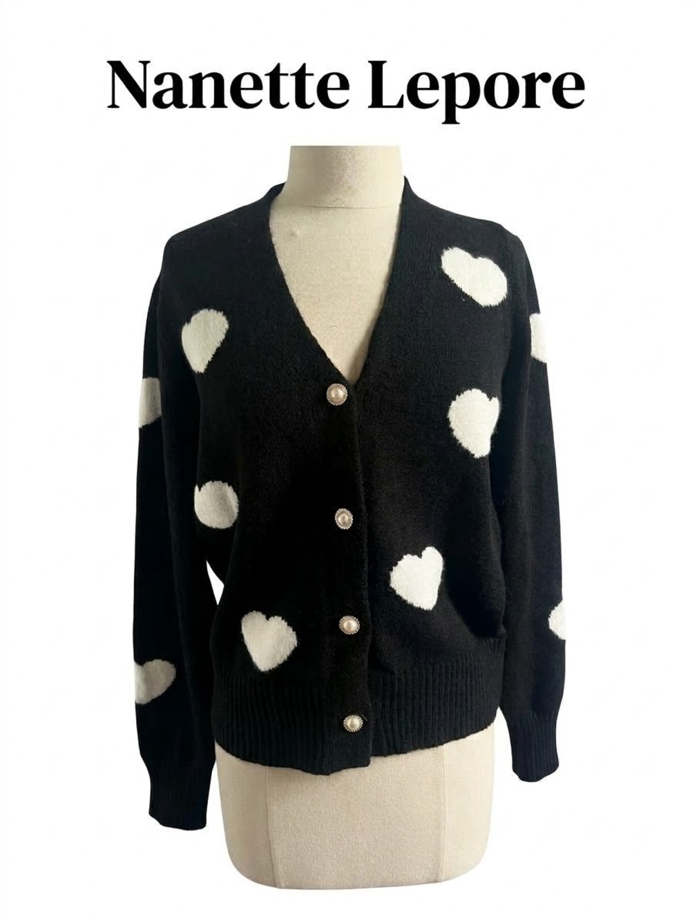 Nanette Lepore Black Cardigan with White Heart Motif 0285